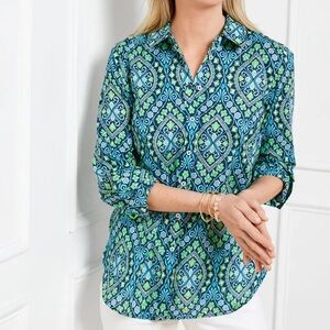 NWT Talbots Modern Classic Button Front Shirt Damask Blue Green Small